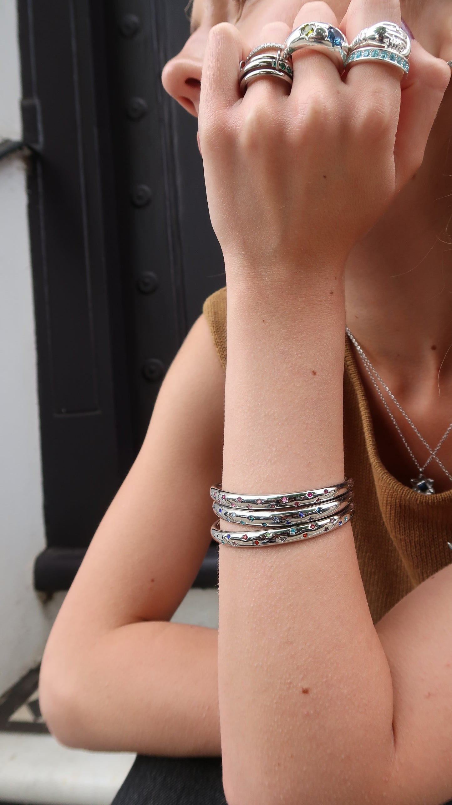 Eloise's Pink Star Bangle In Silver