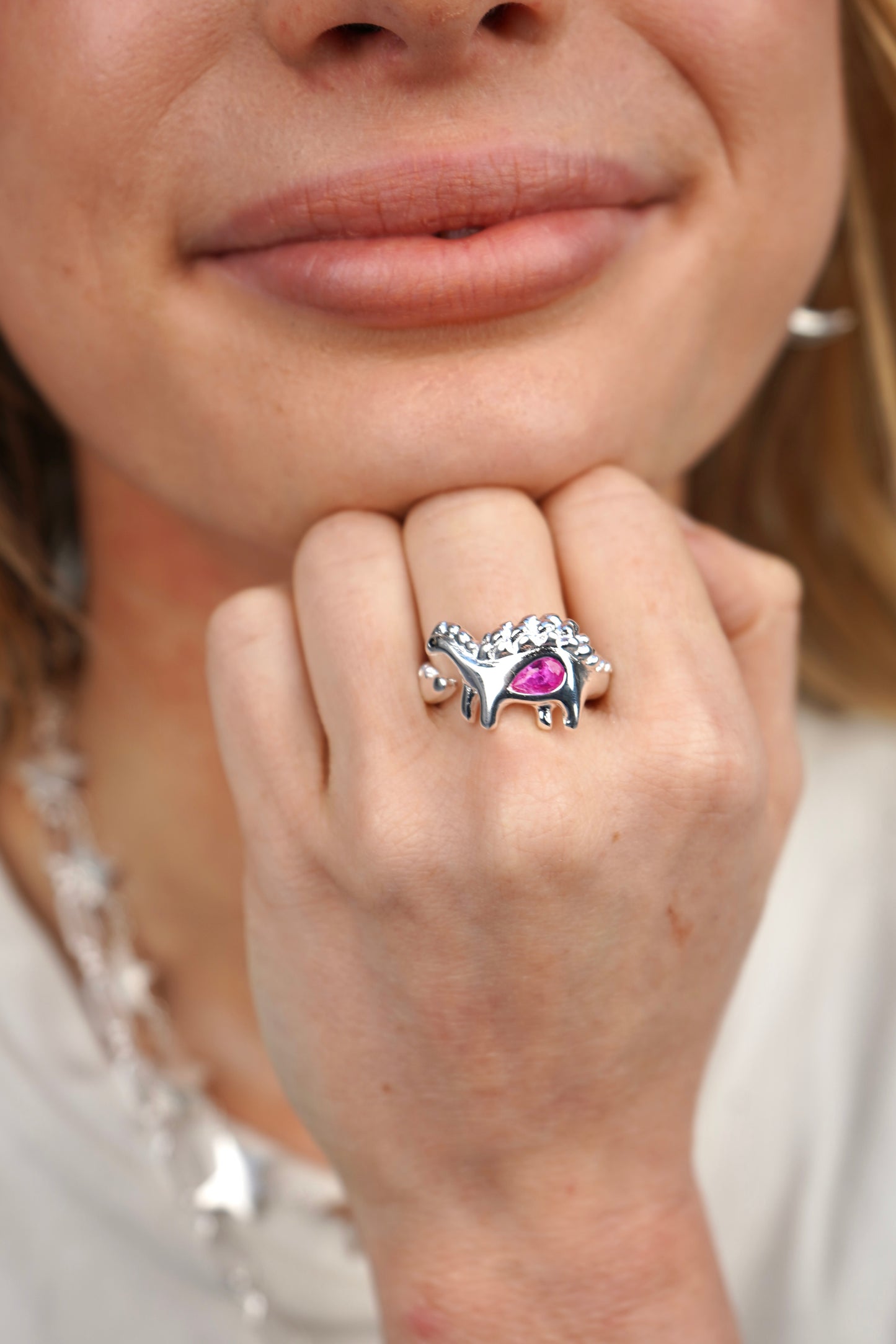 Bee's Pink Dinosaur Ring In Silver