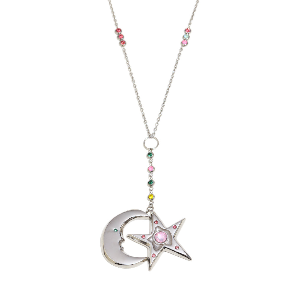 Cecily's Pink and Green Star and Moon Necklace In Silver