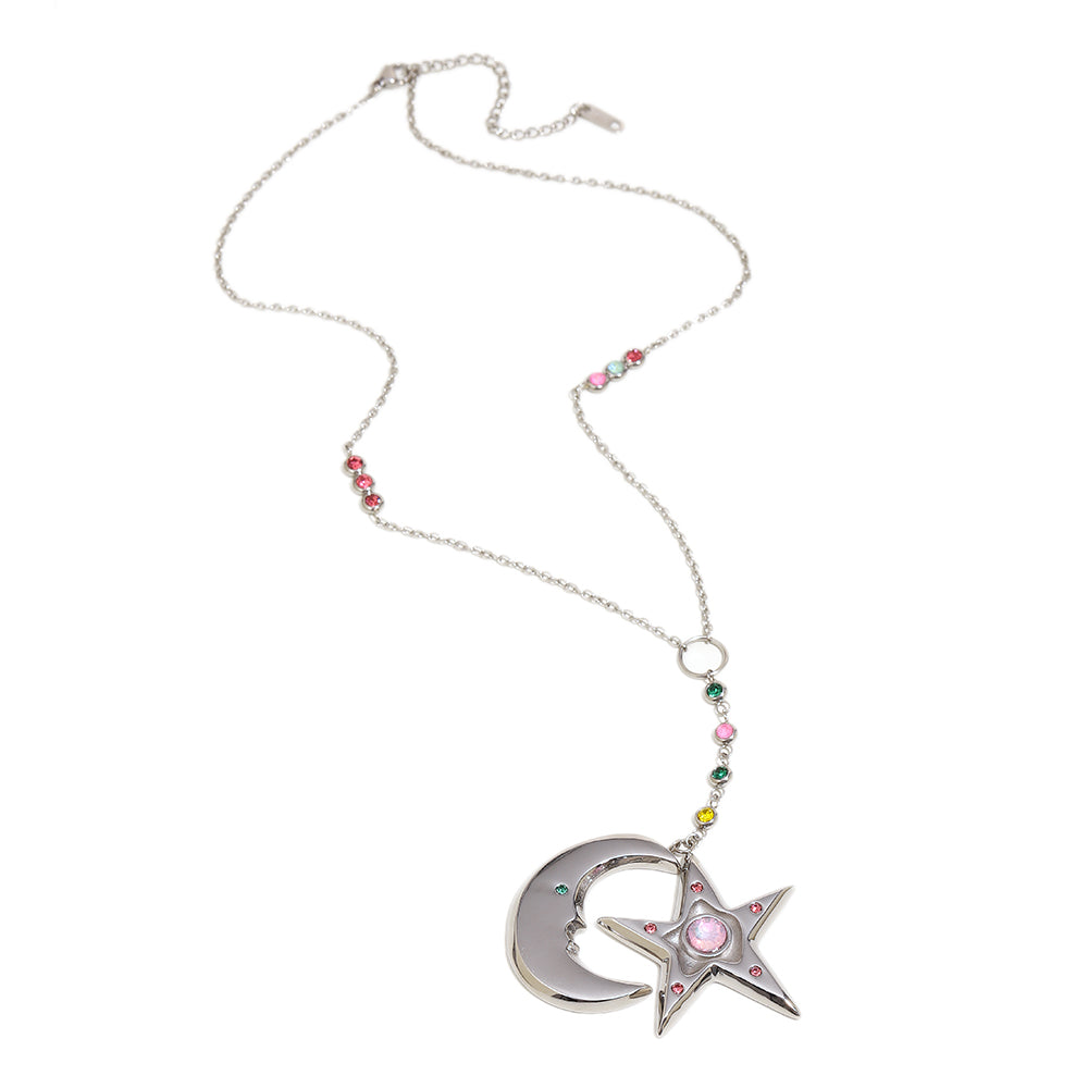 Cecily's Pink and Green Star and Moon Necklace In Silver