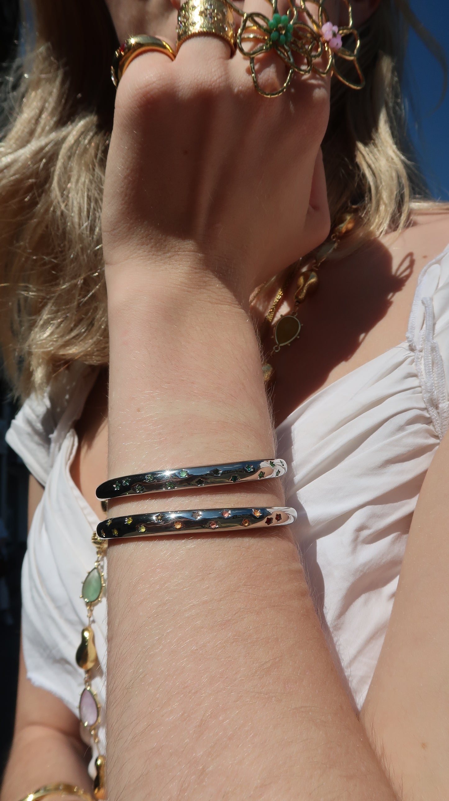 Eloise's Green Star Bangle in Silver