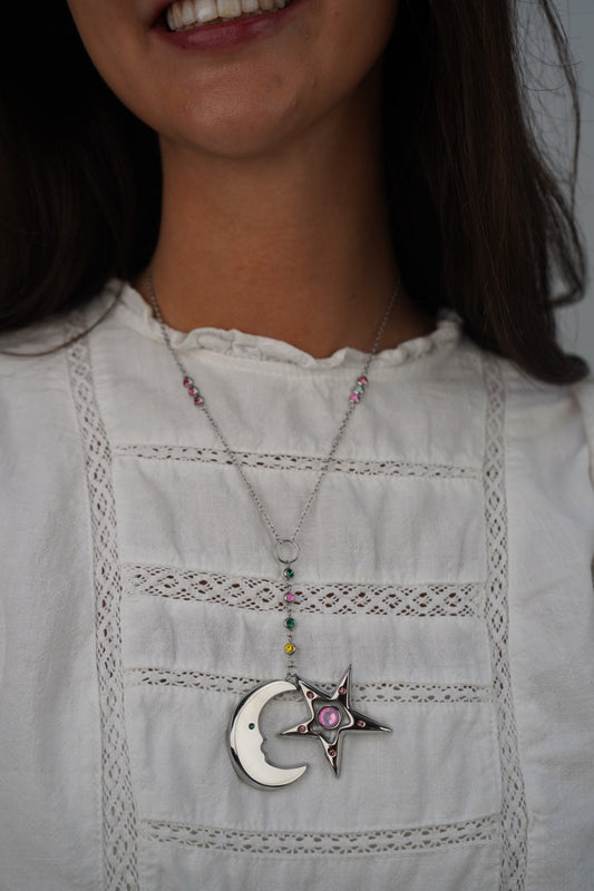 Cecily's Pink and Green Star and Moon Necklace In Silver