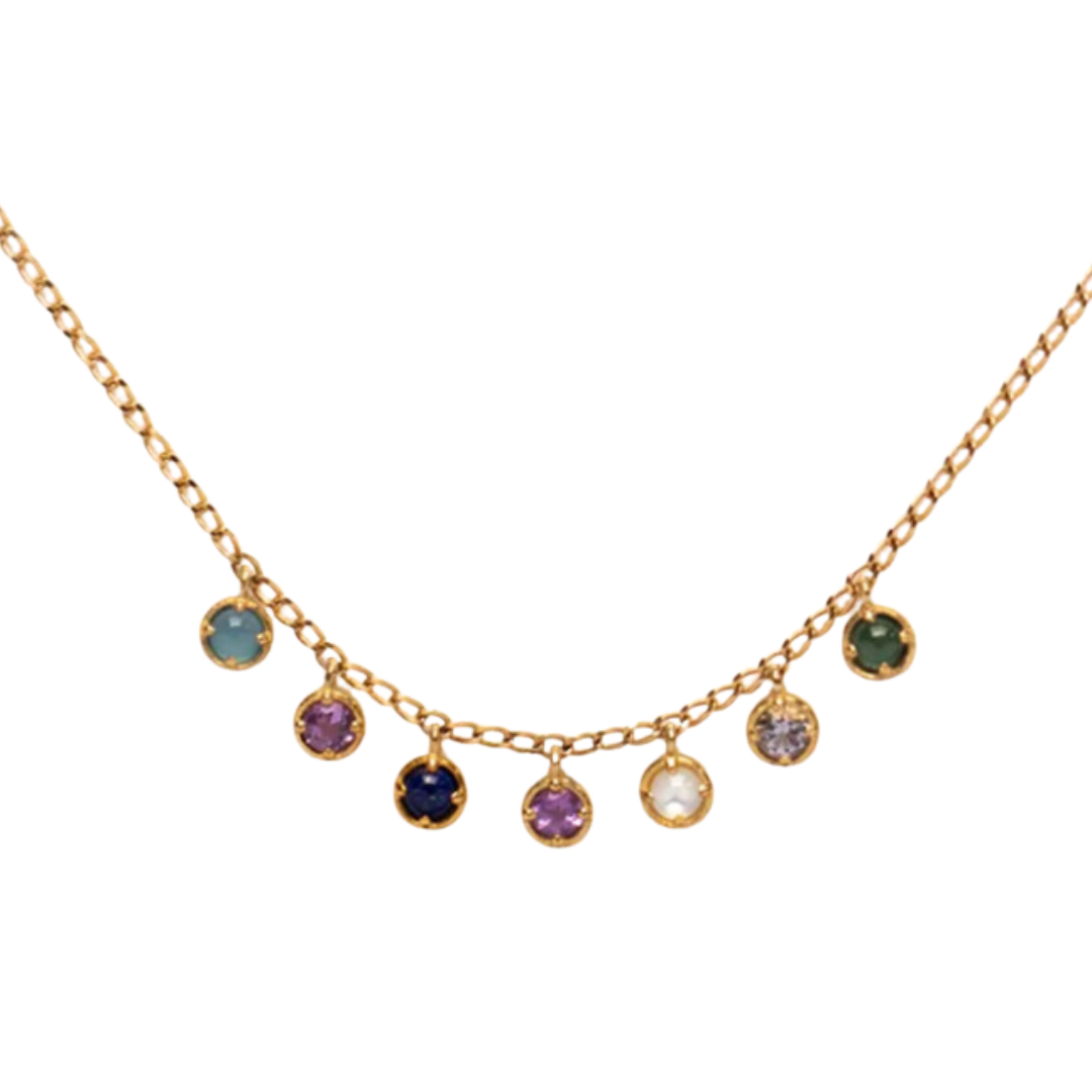 Ellen’s gemstone necklace in gold