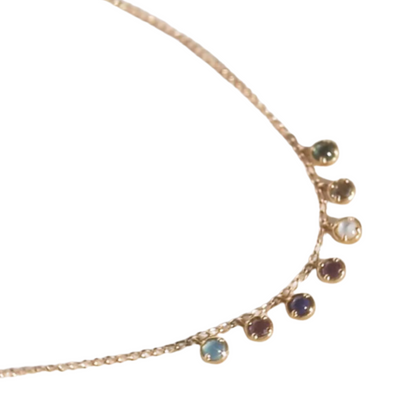 Ellen’s gemstone necklace in gold