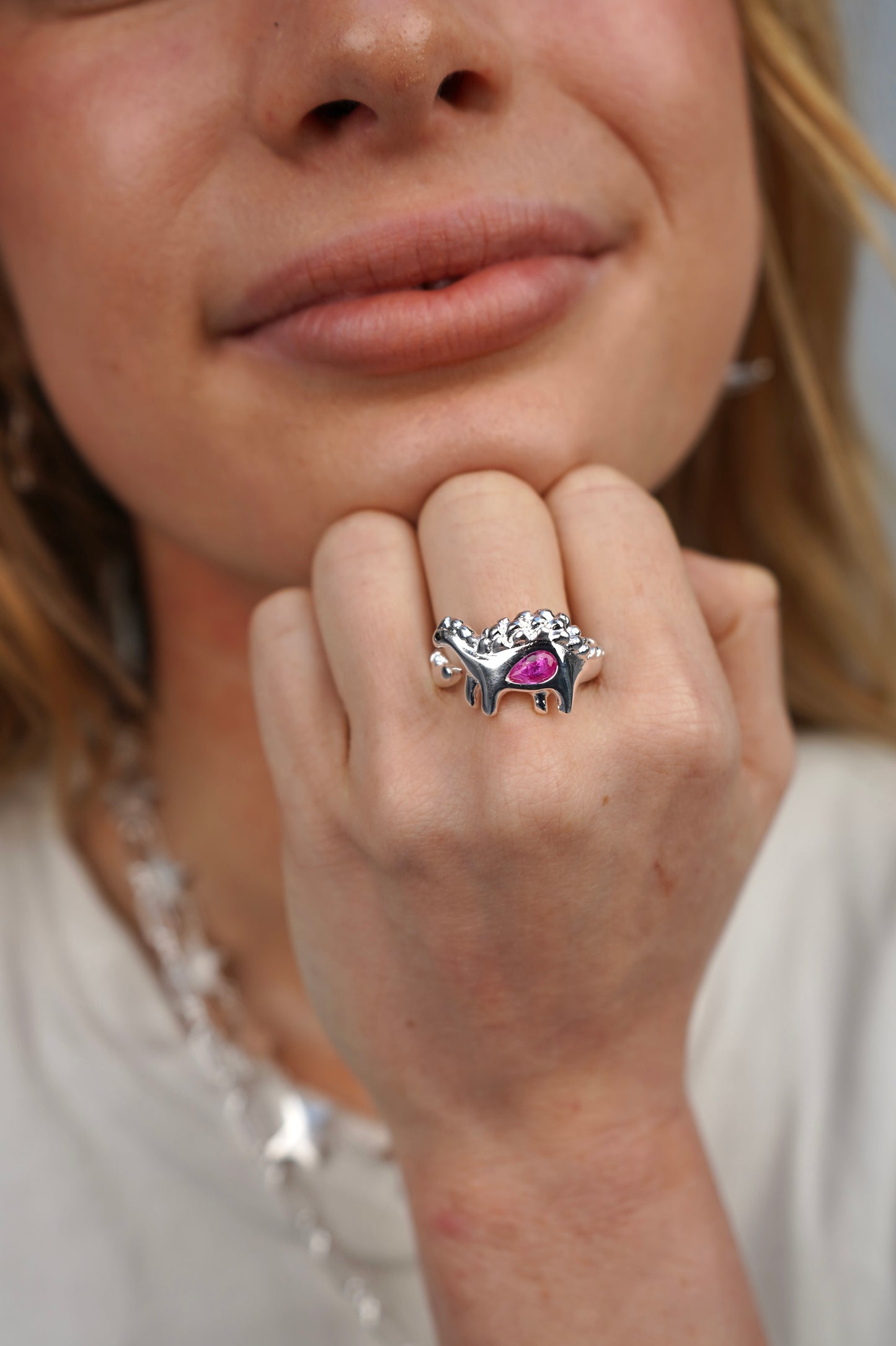 Bee's Pink Dinosaur Ring In Silver
