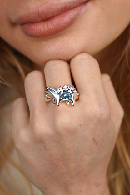 Bee's Blue Dinosaur Ring In Silver