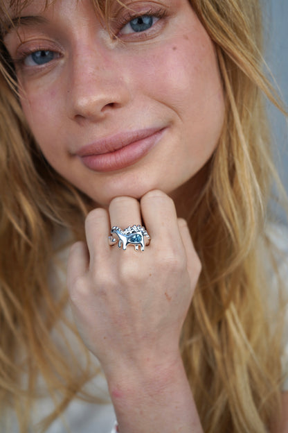 Bee's Blue Dinosaur Ring In Silver