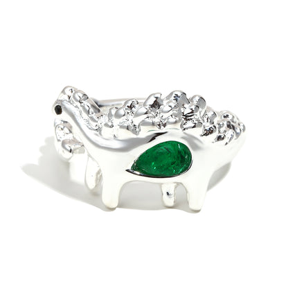 Bee's Green Dinosaur Ring In Silver