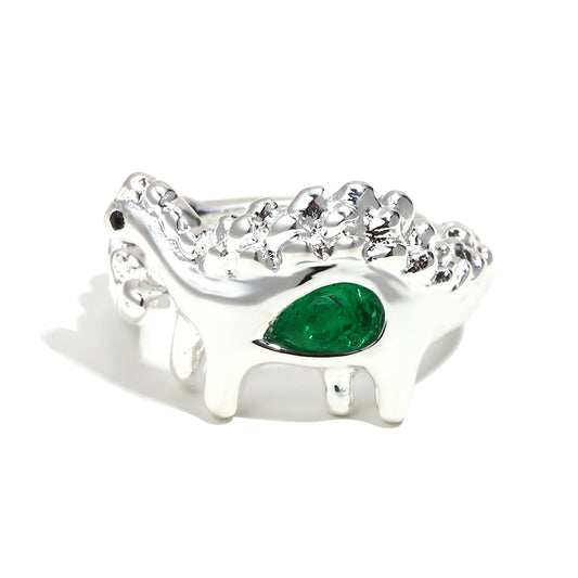 Bee's Green Dinosaur Ring In Silver