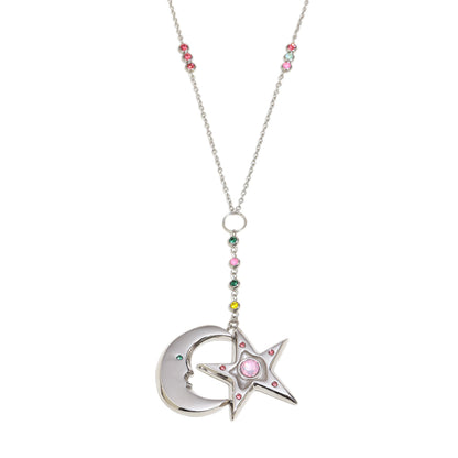 Cecily's Pink and Green Star and Moon Necklace In Silver