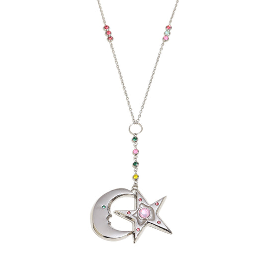 Cecily's Pink and Green Star and Moon Necklace In Silver