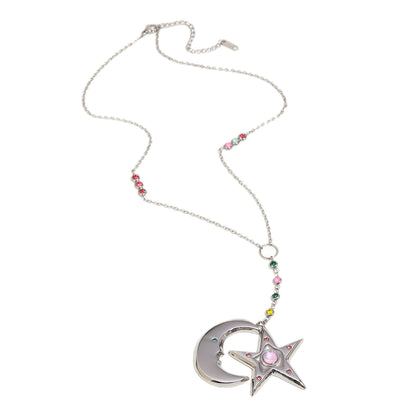 Cecily's Pink and Green Star and Moon Necklace In Silver