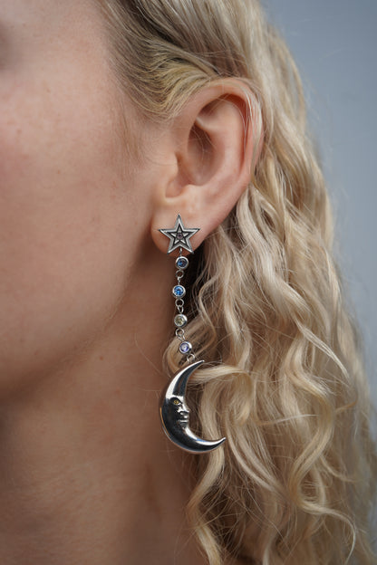 Eleanora's Star And Moon Drop Earrings In Silver