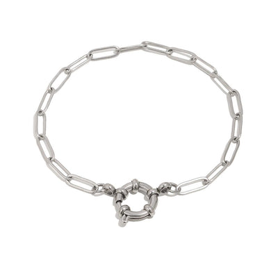 Thin wide loop bracelet chain with charm ring in silver